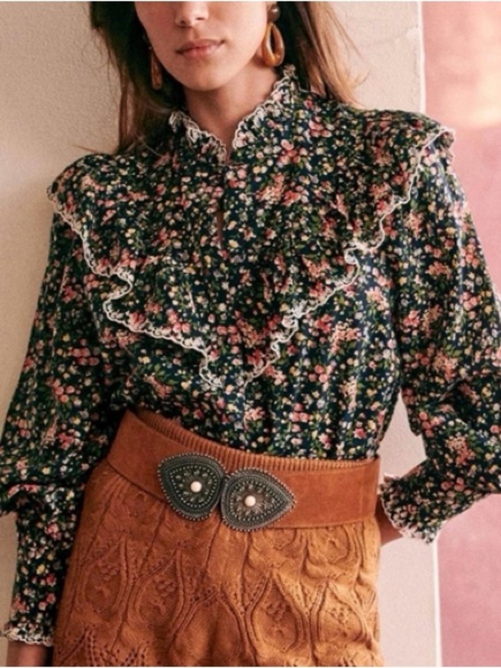 Sézane Agathe Ruffled Floral Embroidered Cotton Long Sleeve Blouse Top 34/US 2